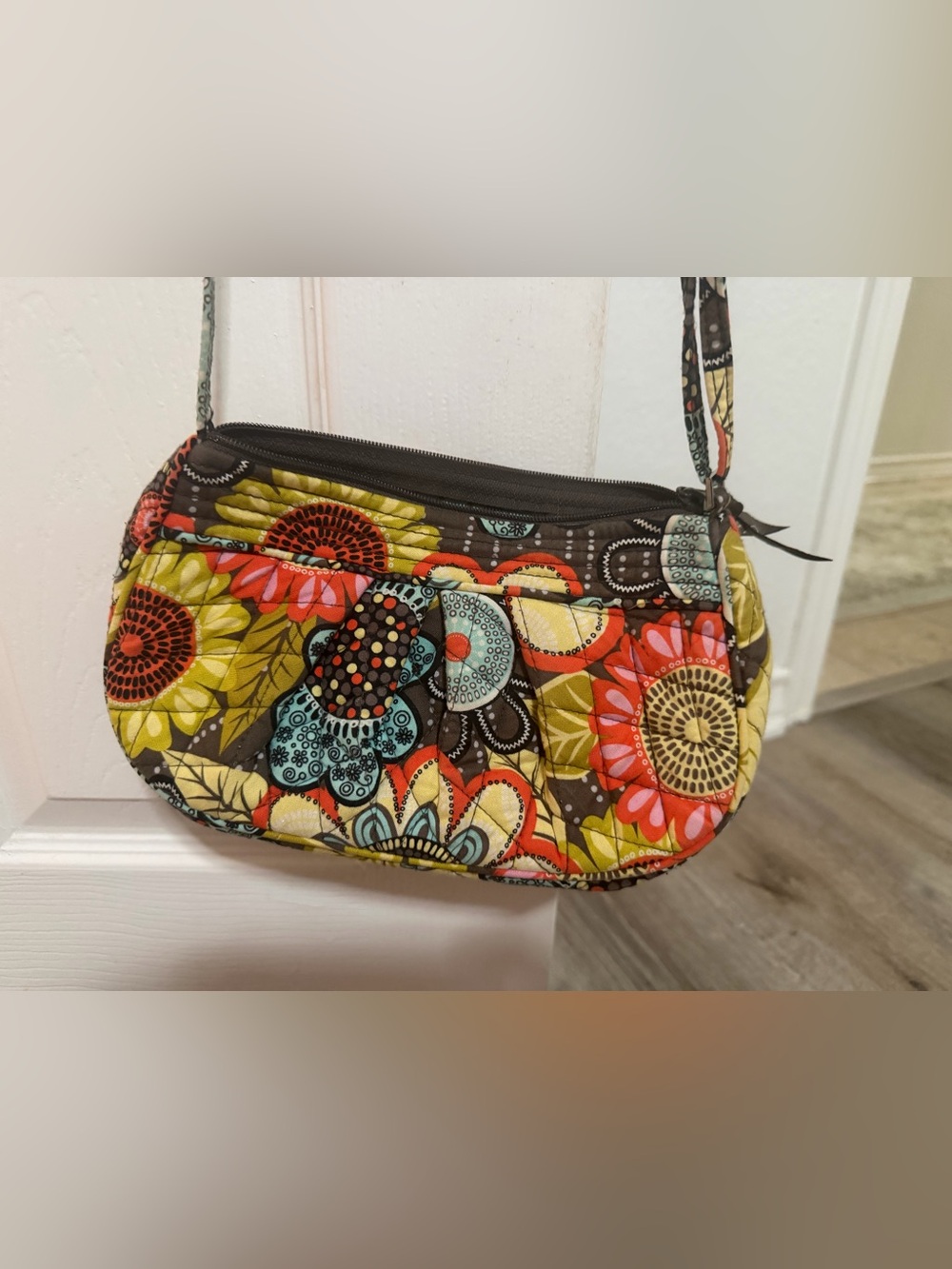 Vera Bradley Brown Quilted Crossbody with Bright Floral Pattern